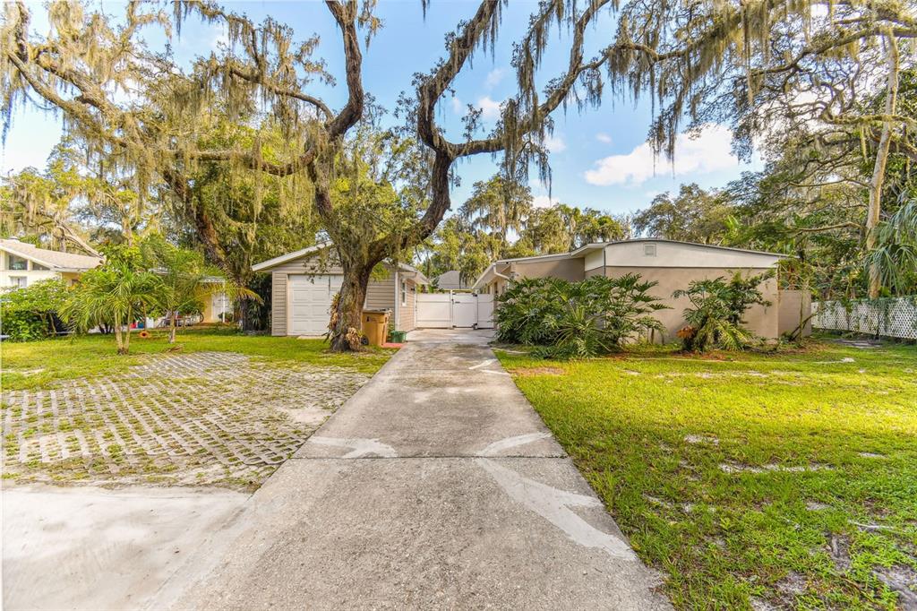 A concrete driveway leads toward a detached garage and a single-story house under large trees — 414 JOYCE AVENUE, TEMPLE TERRACE, FL