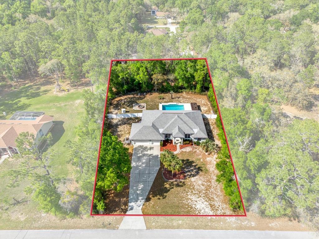 An aerial view shows a single-story house with a pool and driveway on a wooded lot — 1155 E BLUEBIRD COURT, HERNANDO, FL