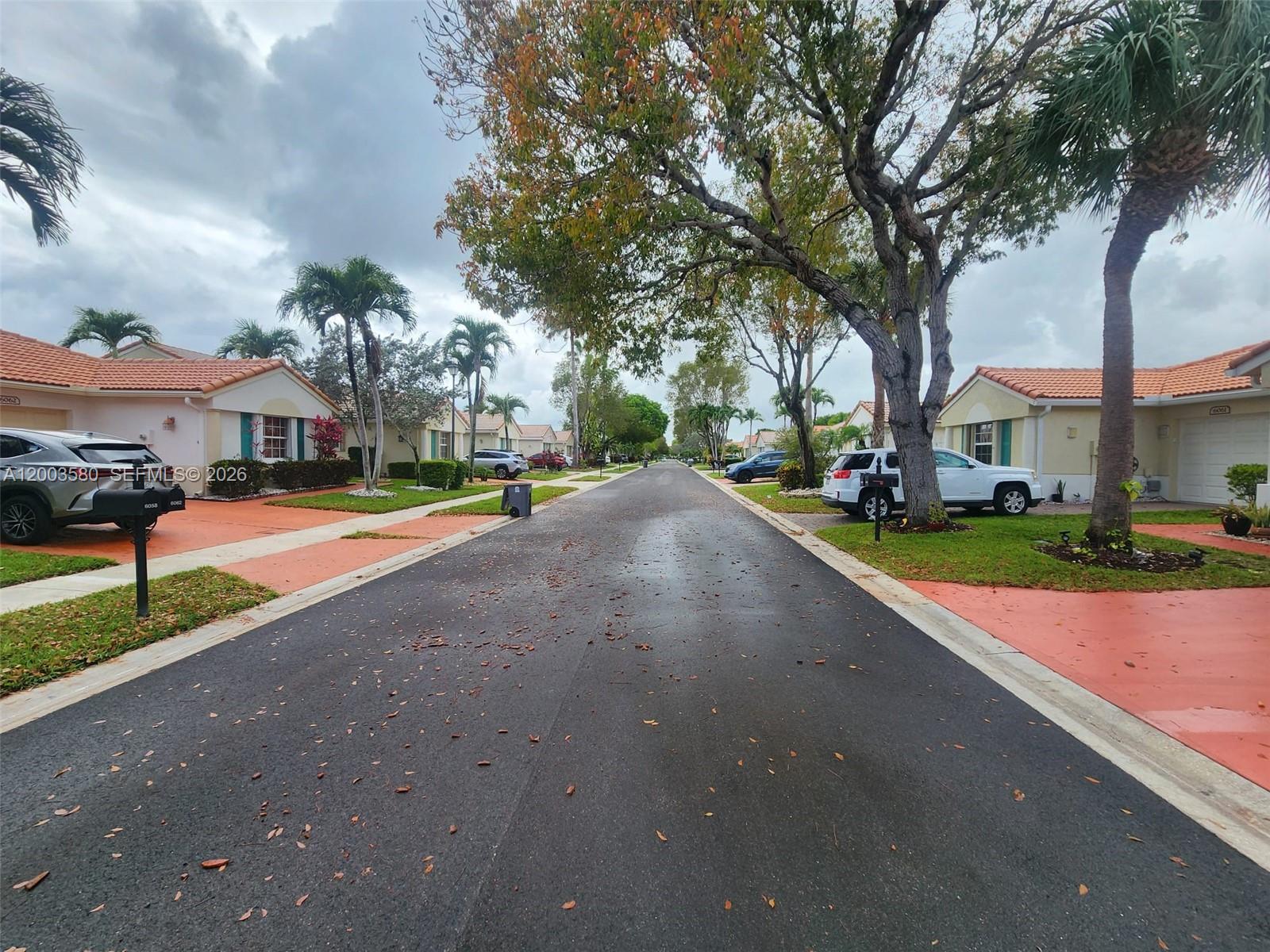 A residential street lined with single-story houses, palm trees, and parked cars under a cloudy sky — 6053 Heliconia Rd, Delray Beach FL 33484, DELRAY BEACH, FL