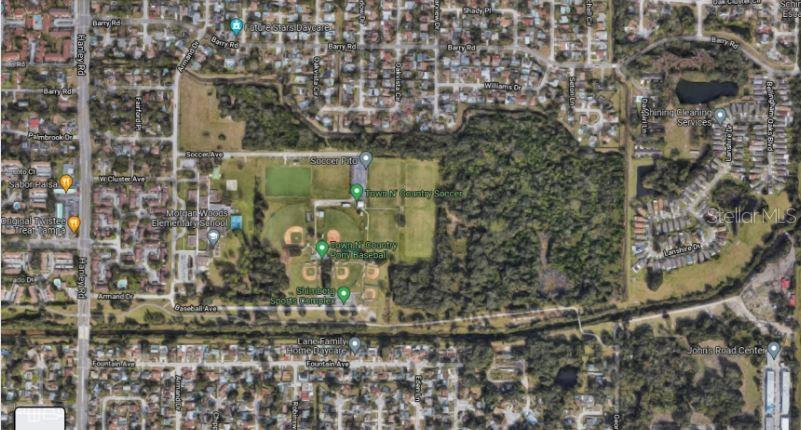 This aerial map shows a residential neighborhood surrounding a large park with sports fields — ARMAND DRIVE, TAMPA, FL