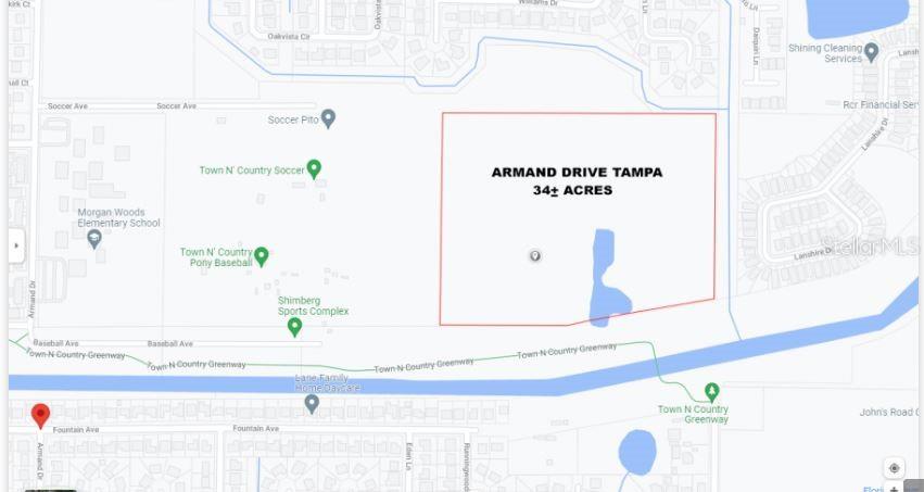 This map shows a 34-acre parcel of land located near sports complexes and a greenway — ARMAND DRIVE, TAMPA, FL