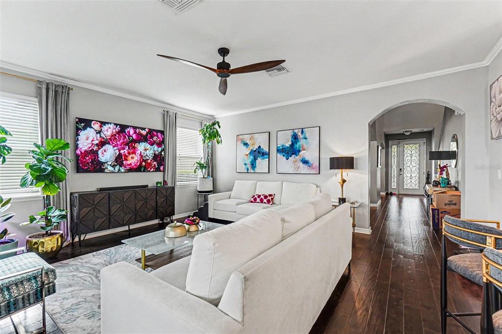 A living room features a white sofa, dark wood flooring, and a large floral wall art — 10511 AVIAN FORREST DR, RIVERVIEW, FL