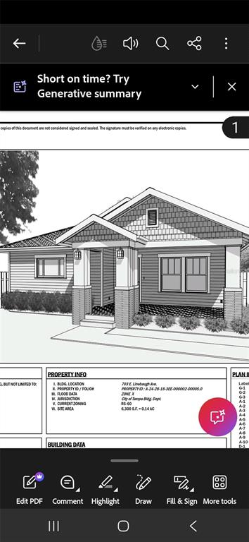 This is a black and white architectural rendering of a single-story house exterior — 704 E ORCHID AVENUE, TAMPA, FL