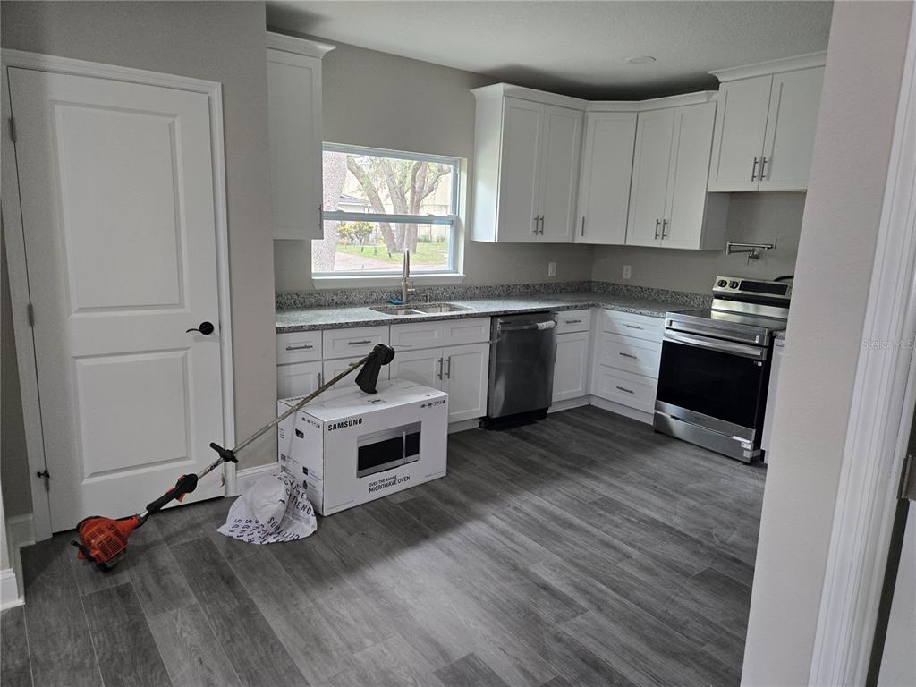 A kitchen features white cabinets, granite countertops, stainless steel appliances, and gray wood-look flooring — 704 E ORCHID AVENUE, TAMPA, FL