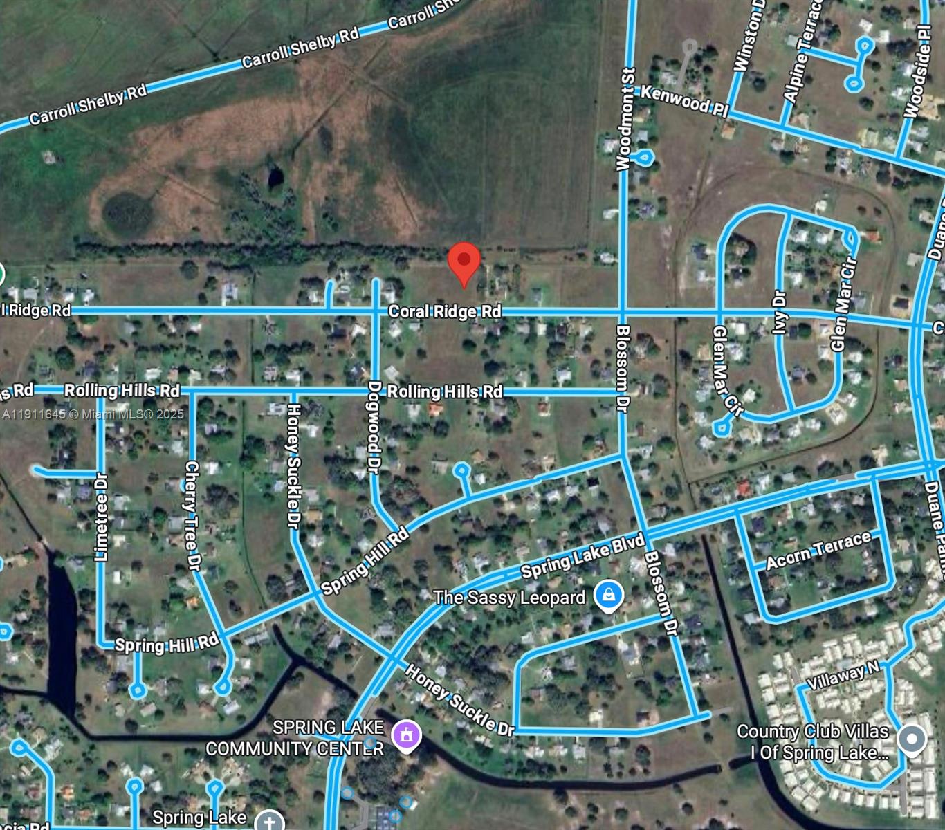 This is a map showing a residential area with a red pin marking a location — 7109 Coral Ridge Rd, Sebring FL 33876, SEBRING, FL