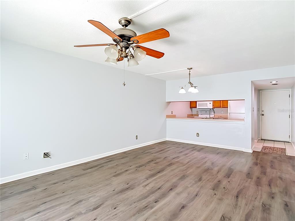 An open-concept living area features light gray walls, wood-look flooring, and a ceiling fan — 5820 N CHURCH AVENUE UNIT 164, TAMPA, FL