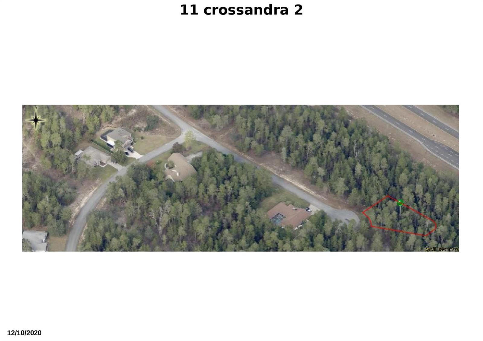 An aerial view shows a wooded residential lot outlined in red near a paved road — 11 Crossandra Court E, FL 34446, FL