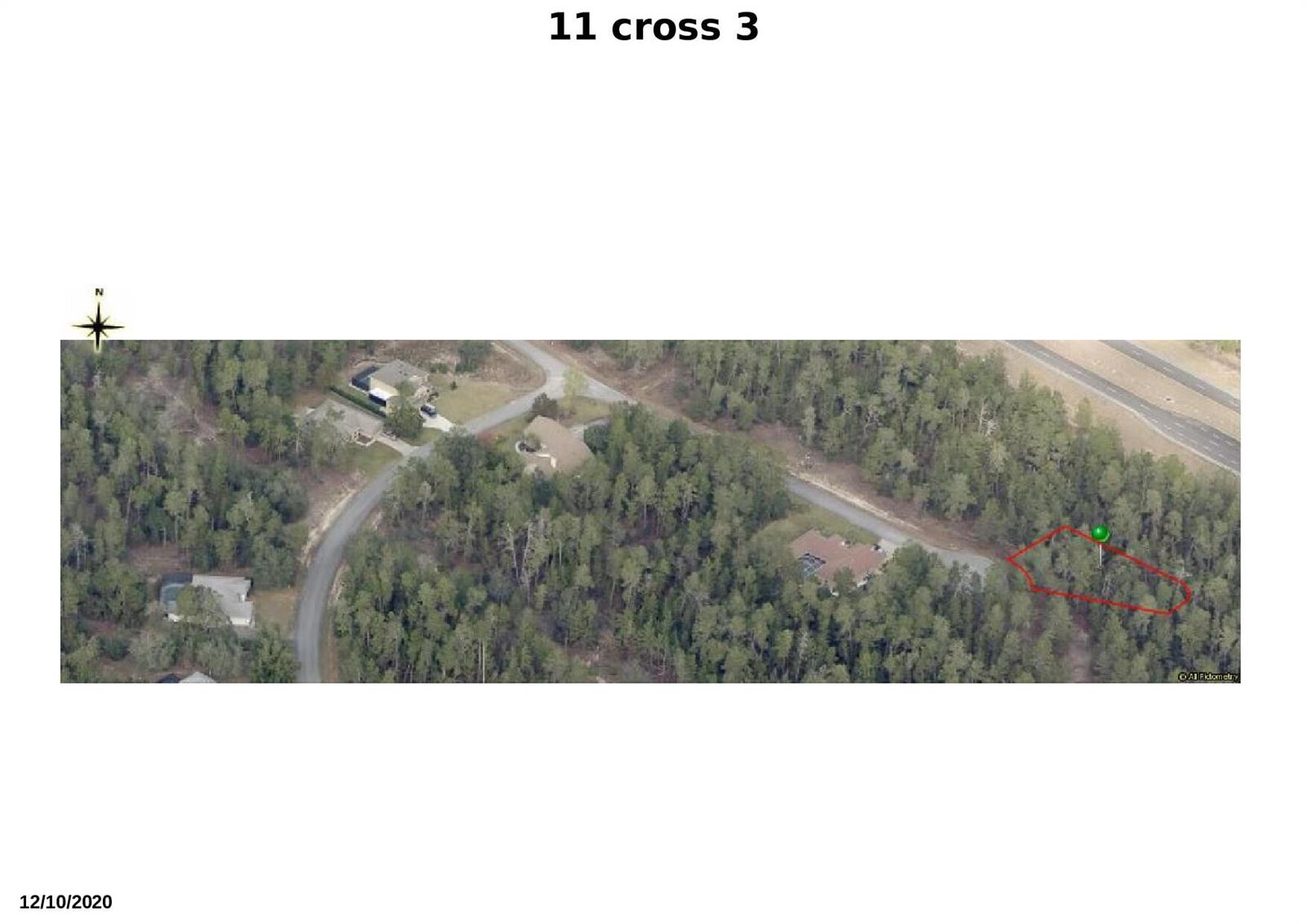 An aerial view shows a wooded residential lot outlined in red with a green marker — 11 Crossandra Court E, FL 34446, FL
