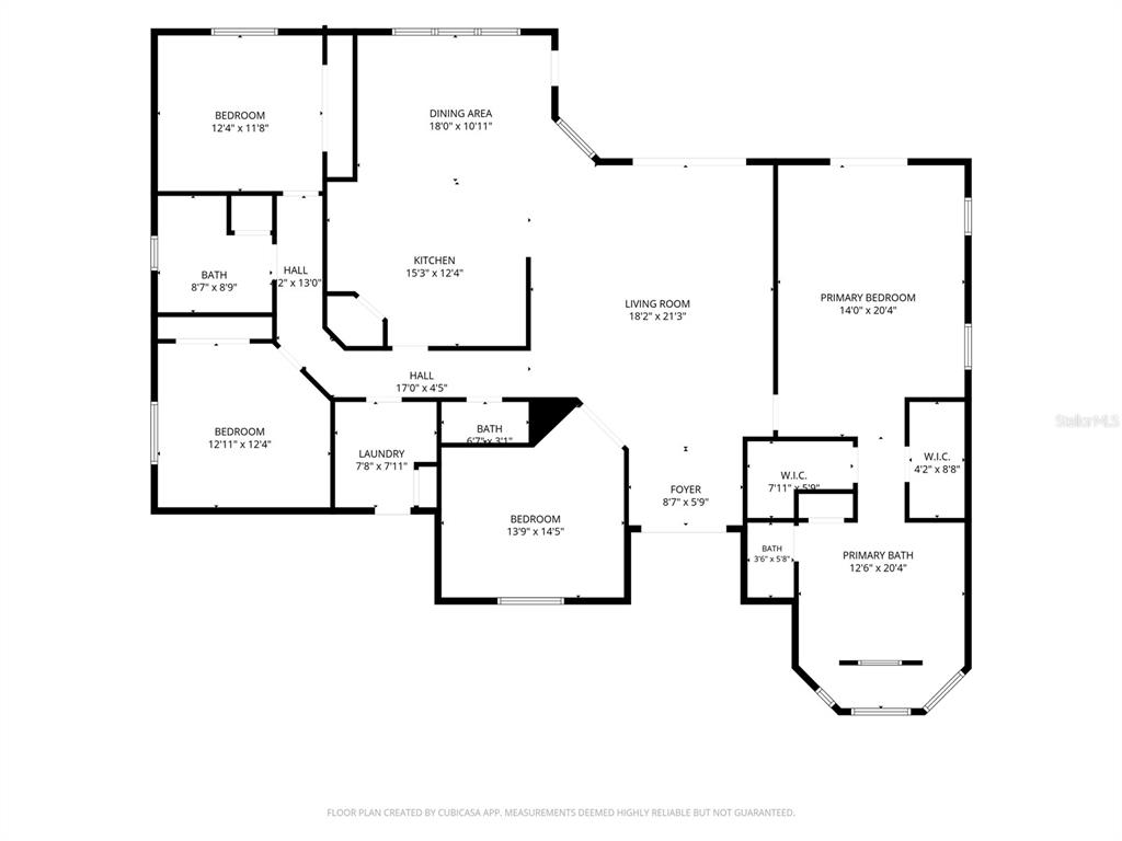 This is a floor plan showing a four-bedroom house with a central living area — 220 HARTRIDGE HILLS DR, WINTER HAVEN, FL