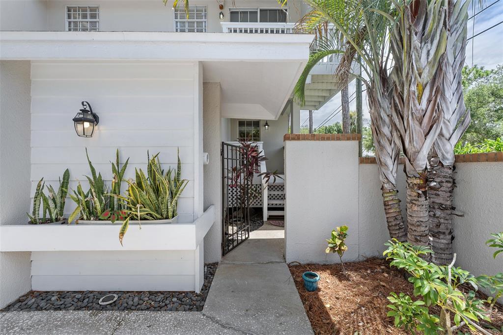 An exterior view shows a white building entrance with a planter, gate, and palm tree — 5116 BAYSHORE BOULEVARD, TAMPA, FL