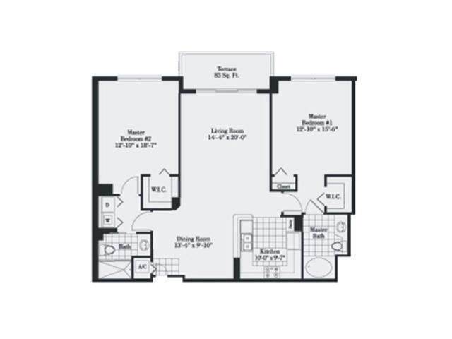 This floor plan shows a two-bedroom apartment with a living room, dining room, and terrace — 2080 S Ocean Drive # 703, Hallandale Beach FL 33009, HALLANDALE BEACH, FL