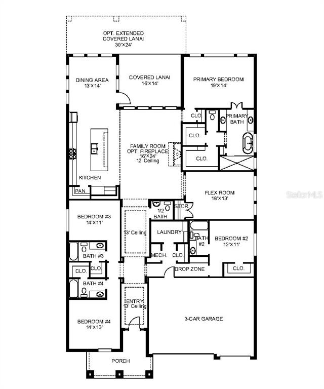 This floor plan shows a four-bedroom house with a three-car garage and a covered lanai — 13091 CAMELOT LANE, PUNTA GORDA, FL