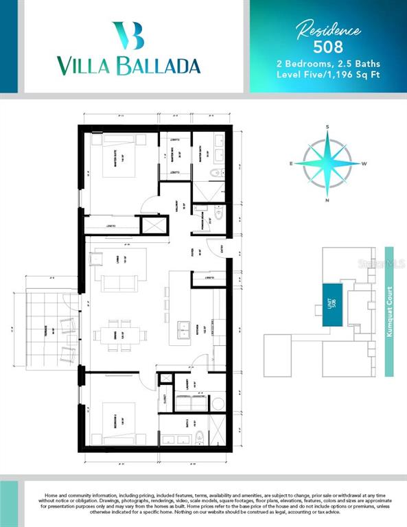 This is a floor plan for a two-bedroom, 2.5-bath residential unit at Villa Ballada — 430 KUMQUAT COURT UNIT 508, SARASOTA, FL