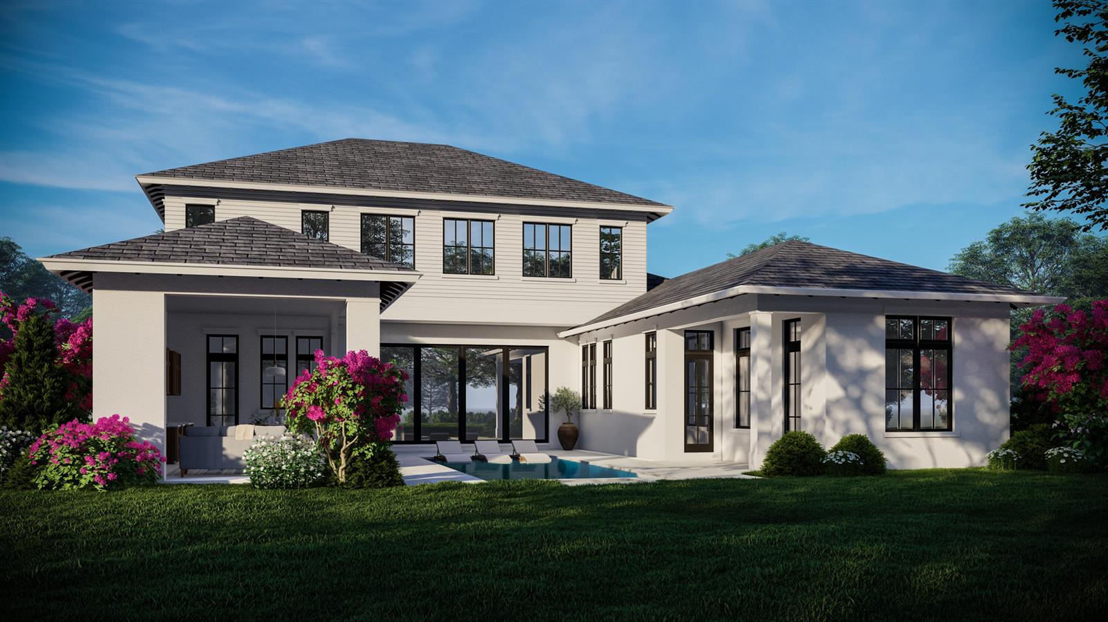 A digital rendering of the rear exterior of a two-story house with a swimming pool — 368 Potter Road, West Palm Beach FL 33405, WEST PALM BEACH, FL