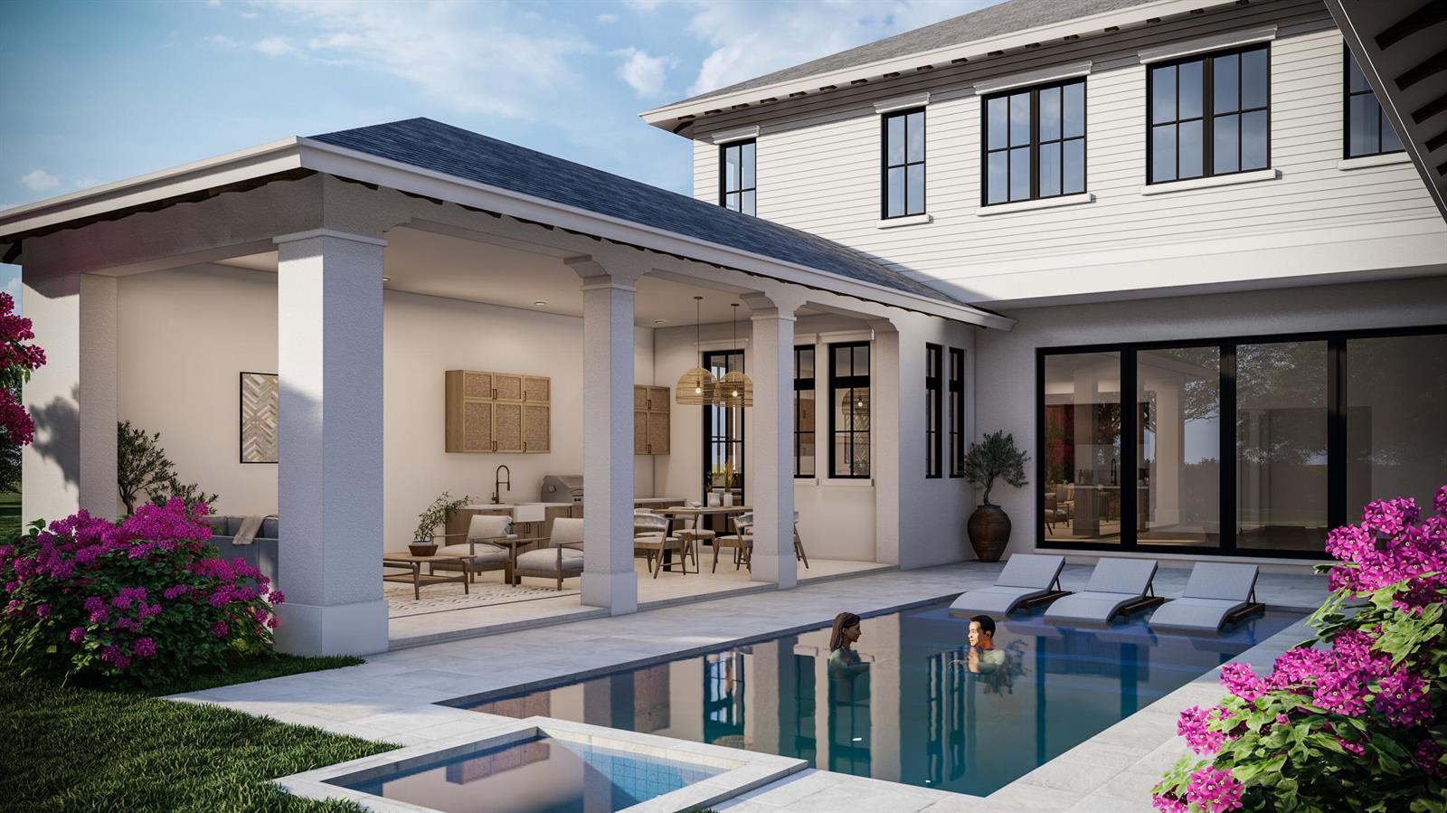 This rendering shows a modern house exterior with a covered patio, swimming pool, and spa — 368 Potter Road, West Palm Beach FL 33405, WEST PALM BEACH, FL