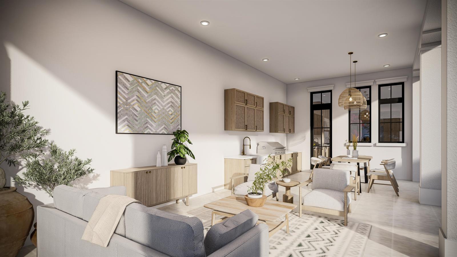 This rendering shows an open-concept indoor-outdoor living space with a kitchen, dining area, and seating — 368 Potter Road, West Palm Beach FL 33405, WEST PALM BEACH, FL