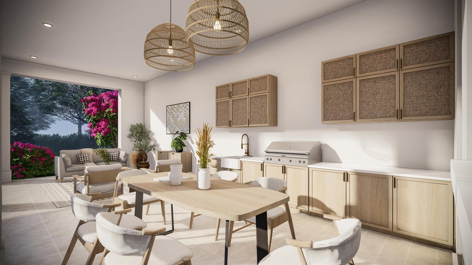 This rendering shows an indoor-outdoor kitchen and dining area with light wood cabinetry and rattan — 368 Potter Road, West Palm Beach FL 33405, WEST PALM BEACH, FL