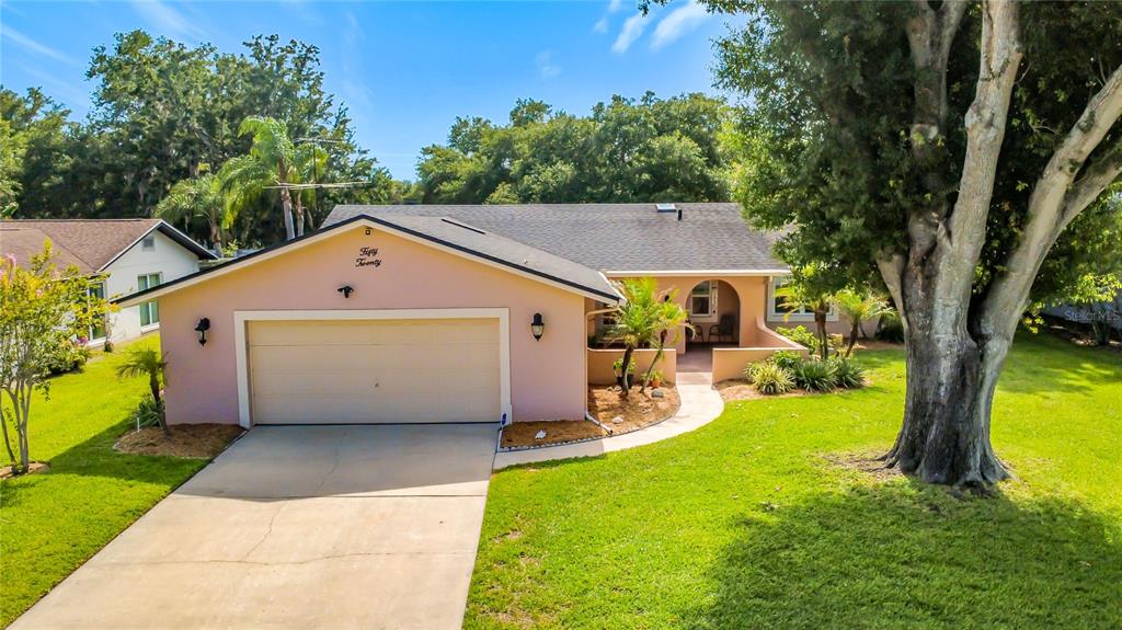A single-story pink house with a two-car garage and a large tree in the yard — 5020 THE OAKS CIRCLE, ORLANDO, FL