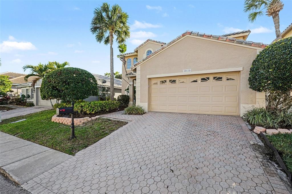 A backyard features a swimming pool with a rock waterfall and a palm tree island — 10618 HATTERAS DRIVE, TAMPA, FL