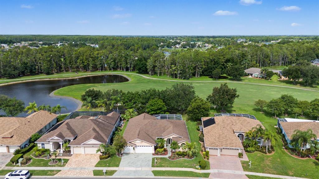 An aerial view of suburban houses with screened lanais overlooking a golf course and pond — 1331 TRIMARAN PLACE, TRINITY, FL