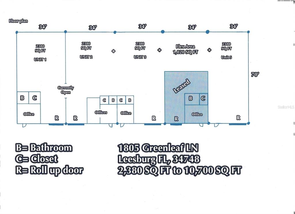 This floor plan shows five commercial units with offices, bathrooms, closets, and roll-up doors — 1805 GREENLEAF LANE, LEESBURG, FL