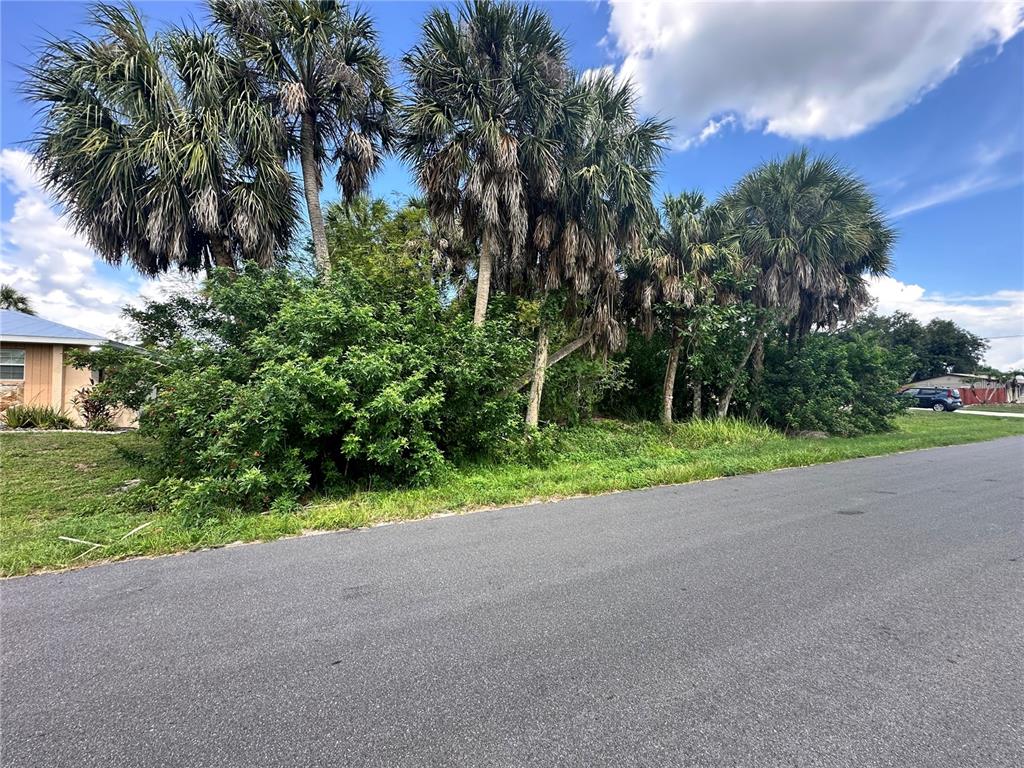 A paved residential street stretches toward houses under a bright, cloudy sky — 18394 GOODMAN CIRCLE, PORT CHARLOTTE, FL