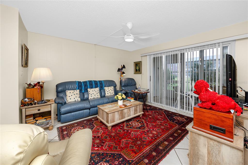A living room features a blue leather sofa, a red patterned rug, and sliding glass doors — 3435 41ST TERRACE S UNIT 198, ST PETERSBURG, FL