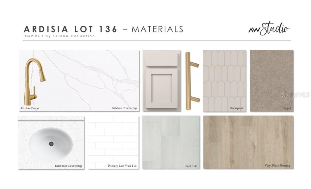 This image is a material selection board for a home featuring neutral finishes and fixtures — 3354 MONACO BOULEVARD, NEW SMYRNA BEACH, FL