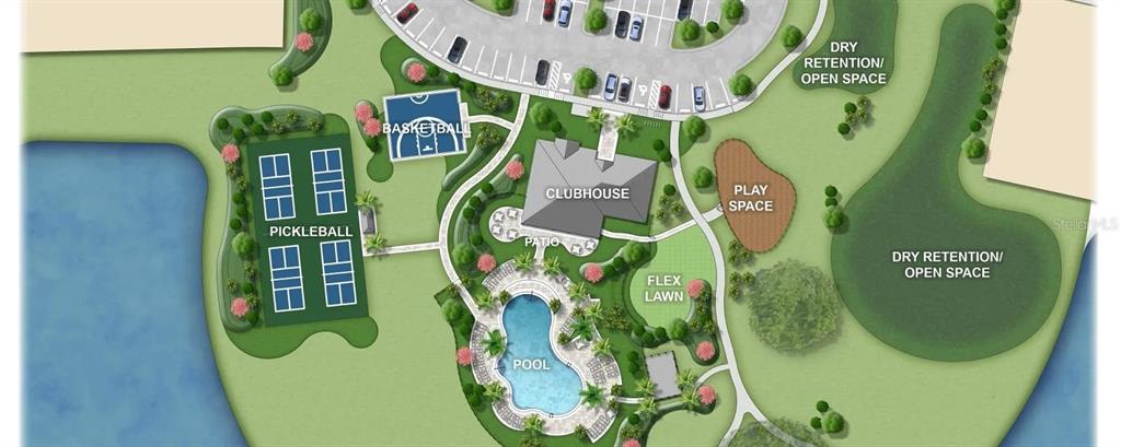 This is a site plan rendering of a community amenity center featuring a pool and clubhouse — 3354 MONACO BOULEVARD, NEW SMYRNA BEACH, FL