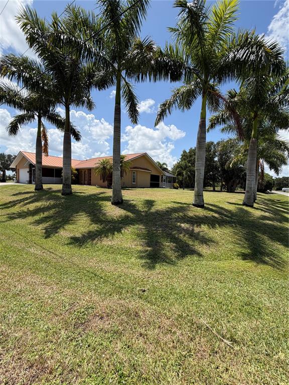 A single-story house with a metal roof sits on a grassy lot with palm trees — 27019 SHANAHAN LANE, PUNTA GORDA, FL
