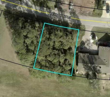 An aerial view shows a rectangular, wooded vacant lot outlined in blue along a street — 33 WEYMOUTH LANE, PALM COAST, FL