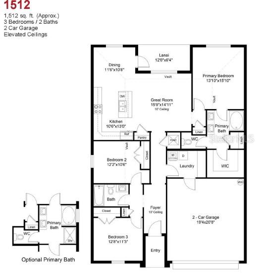 This floor plan shows a 1,512-square-foot home with three bedrooms, two bathrooms, and a garage — 12488 LANGLEY DRIVE Lot 86, SPRING HILL, FL