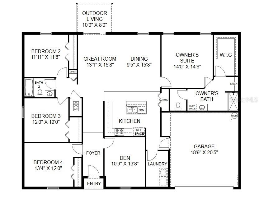 This is a floor plan for a single-story house with four bedrooms and a garage — 312 BASS COURT, POINCIANA, FL