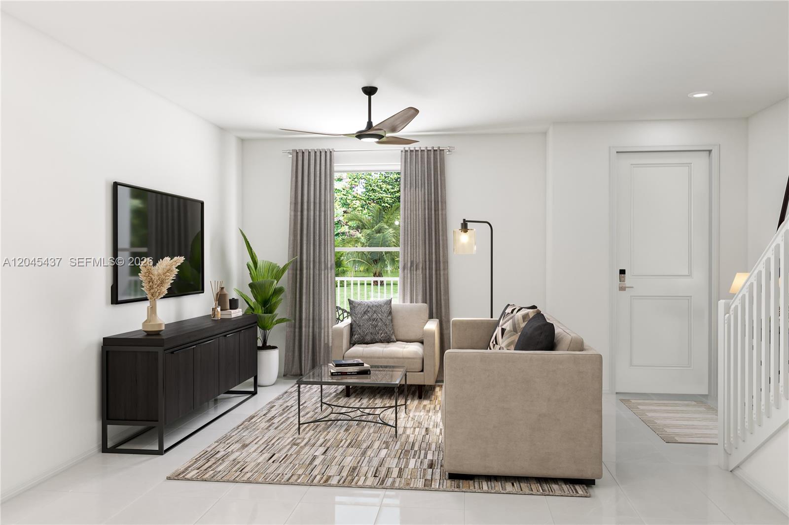 This is a digital rendering of a modern living room with a sofa, armchair, and television — MIAMI, FL
