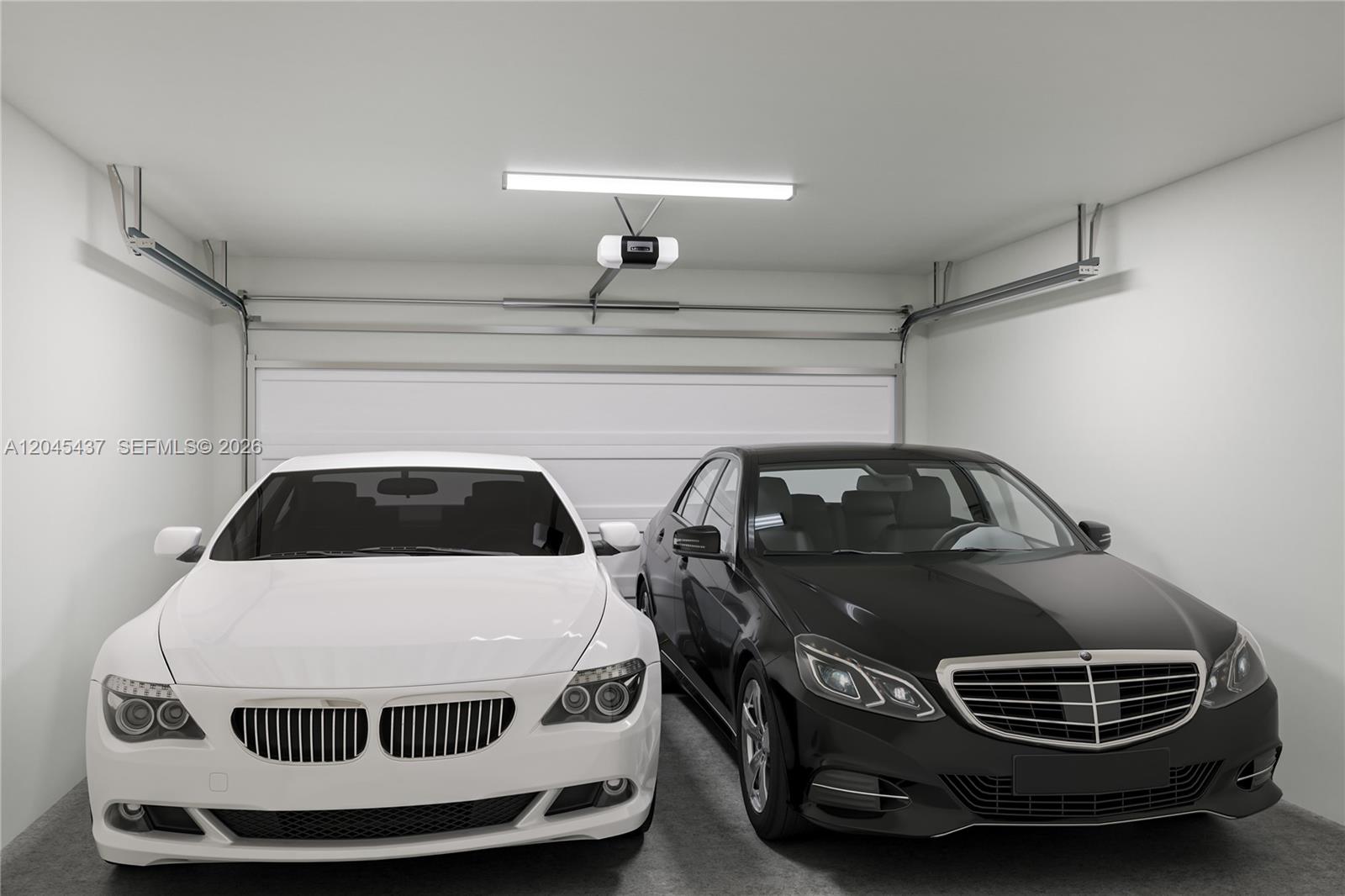 This is a digital rendering of a two-car garage with white walls and two vehicles — MIAMI, FL