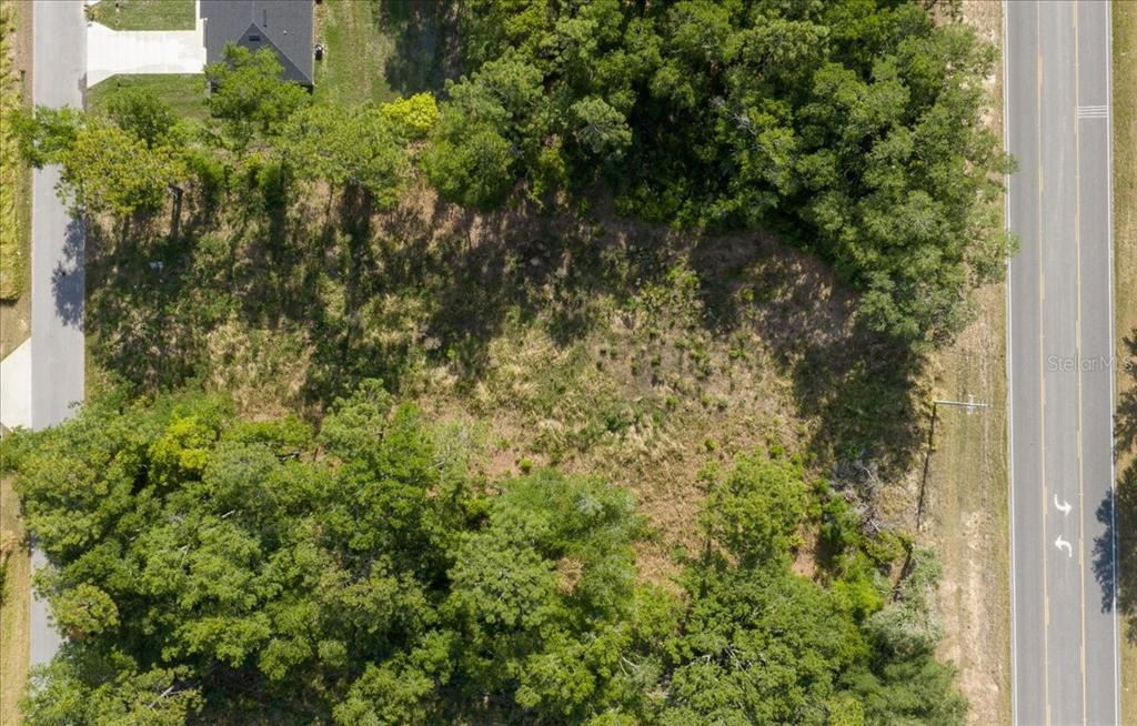 An aerial view shows a rectangular, undeveloped wooded lot situated between two paved roads — BAHIA TERRACE DRIVE, OCALA, FL