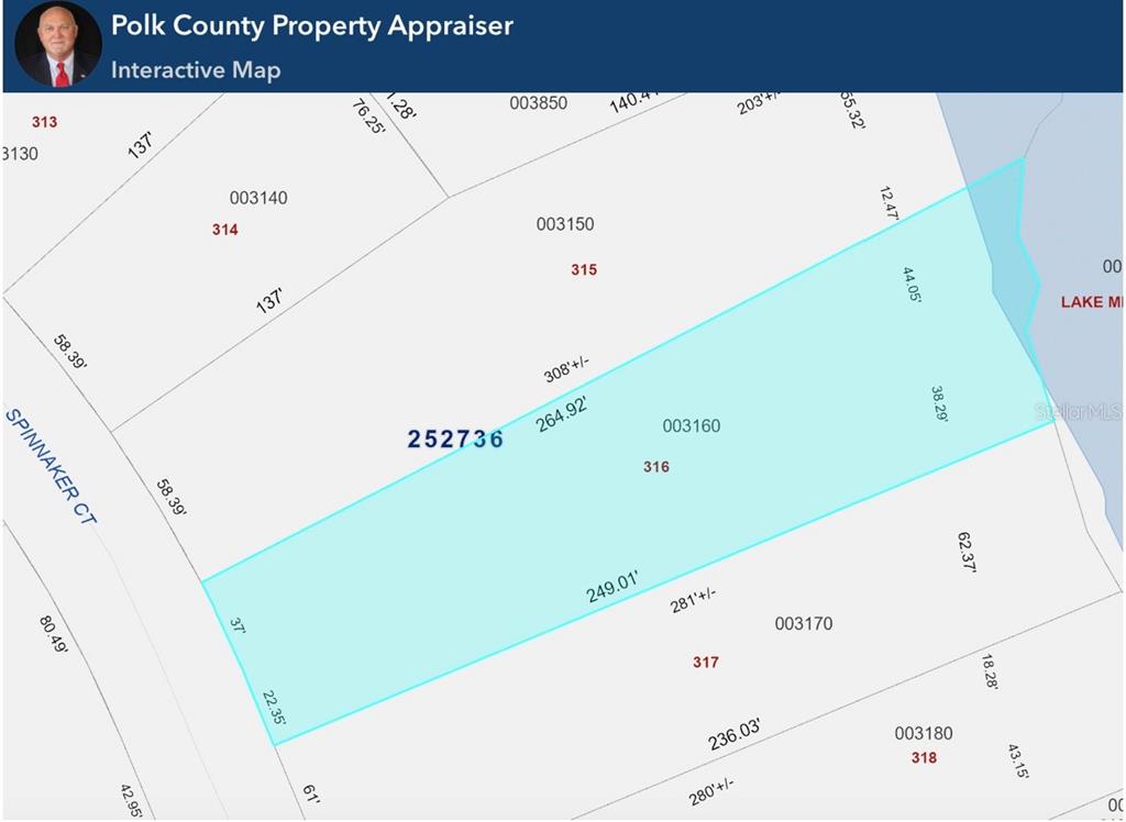 This is a property tax map showing parcel boundaries and dimensions for several lots — 279 SPINNAKER COURT, AUBURNDALE, FL