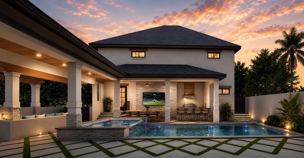 This is a rendering of a backyard patio with a pool, outdoor kitchen, and fireplace — 2313 N RIVERSIDE DRIVE, TAMPA, FL