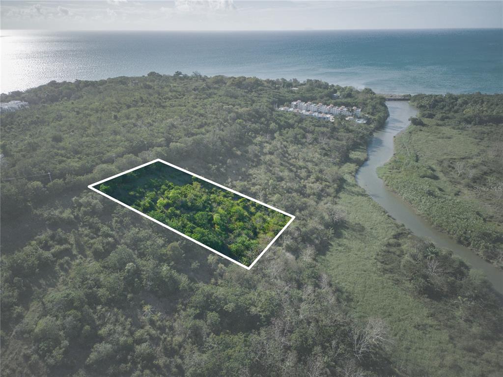 An aerial view shows a rectangular plot of land outlined in white near a river — 102 KM 8.2, GUANAJIBO WARD ROAD UNIT C-6, CABO ROJO, PR