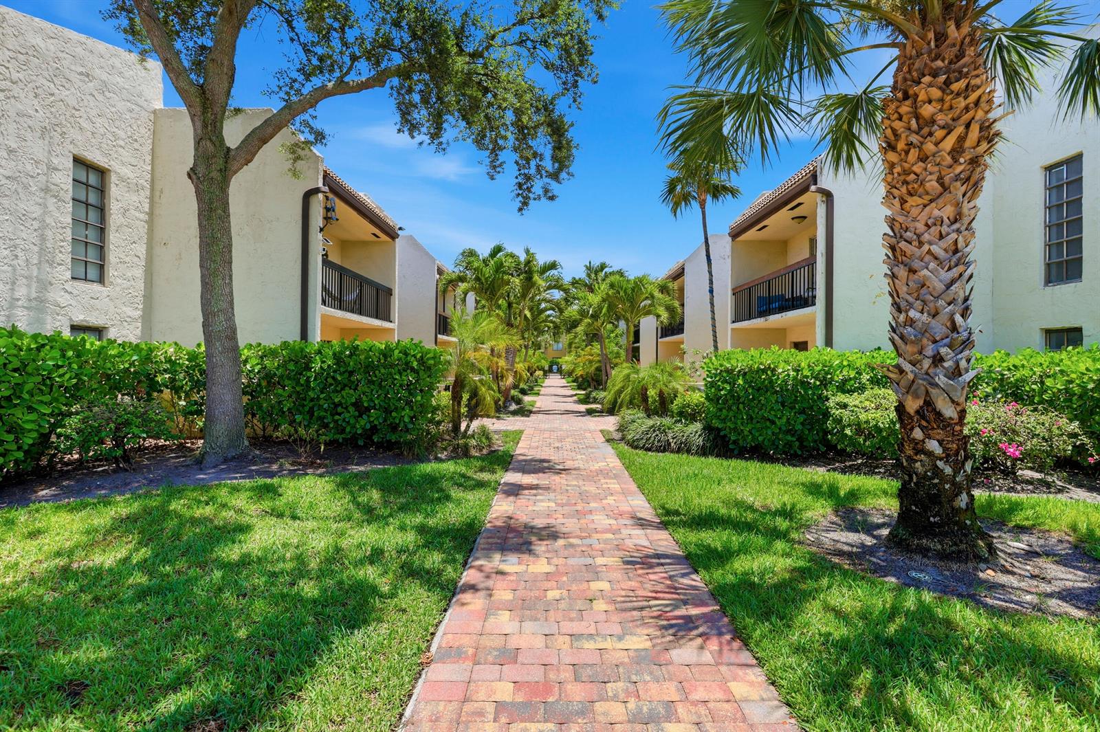 A brick walkway leads between two multi-story apartment buildings surrounded by lush landscaping and trees — 721 SE 1st Way # C11, Deerfield Beach FL 33441, DEERFIELD BEACH, FL