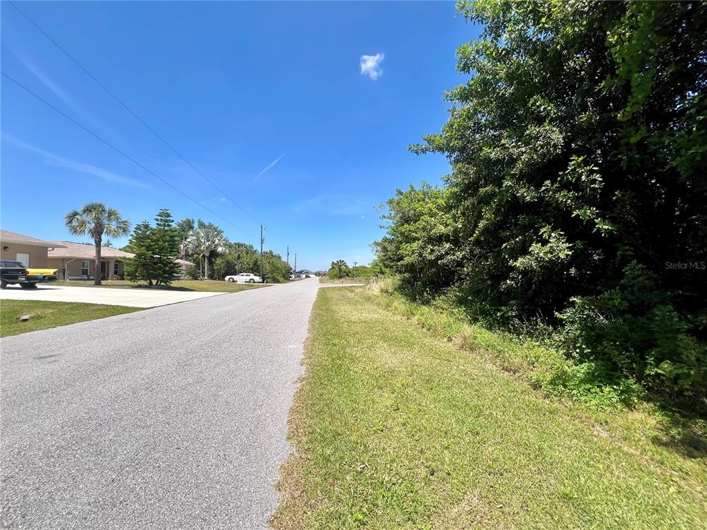 A paved road runs past a grassy lot bordered by trees and nearby residential homes — 48 RAMBLEWOOD STREET, PORT CHARLOTTE, FL