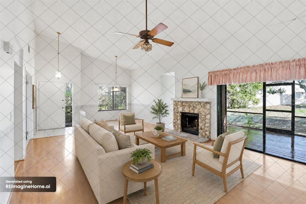 This is a virtual staging rendering of a living room with a stone fireplace — 519 STANTON PLACE, LONGWOOD, FL