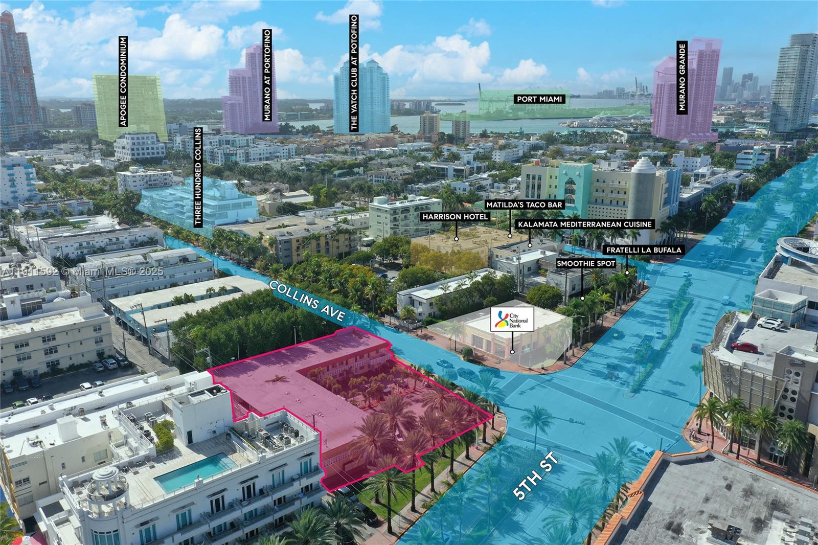 An aerial rendering shows a highlighted property lot at the intersection of two city streets — 441 Collins Ave, Miami Beach FL 33139, MIAMI BEACH, FL