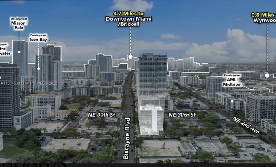 An aerial rendering shows a city skyline with labeled developments and major street intersections — 3050 Biscayne Blvd # 702, Miami FL 33137, MIAMI, FL