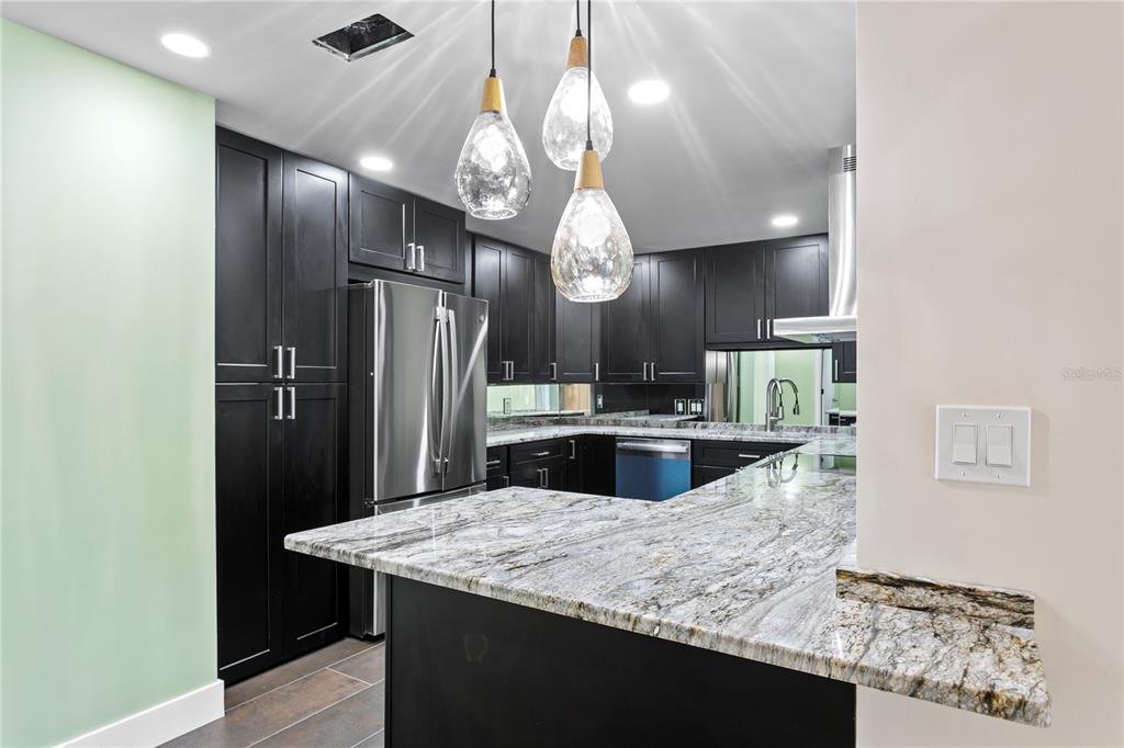 A modern kitchen features dark cabinetry, granite countertops, stainless steel appliances, and two pendant lights — 1 BEACH DRIVE SE UNIT 1112, ST PETERSBURG, FL