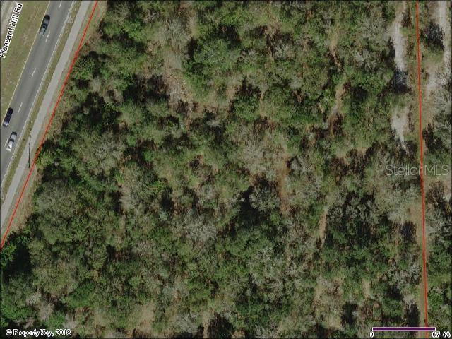 An aerial view shows a wooded, undeveloped plot of land adjacent to a paved road — GRANADA BOULEVARD, KISSIMMEE, FL