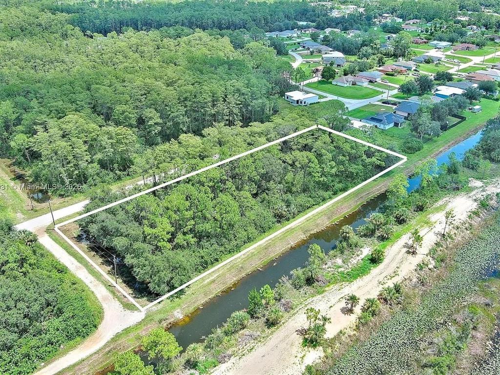 An aerial view shows a rectangular, tree-covered vacant lot bordered by a canal and road — 167 OCEAN PARK DRIVE, LEHIGH ACRES, FL