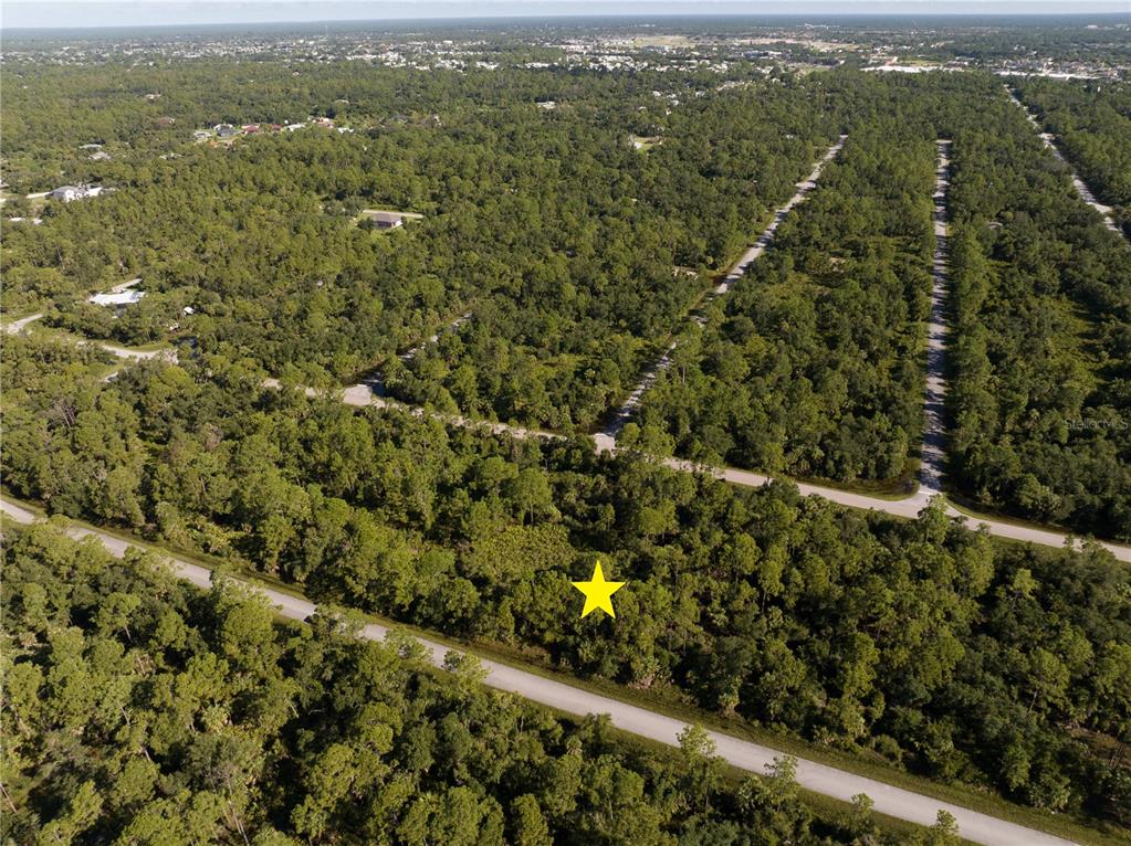 An aerial view shows a wooded, undeveloped lot marked with a yellow star — 14142 DUNLAP AVENUE, PORT CHARLOTTE, FL