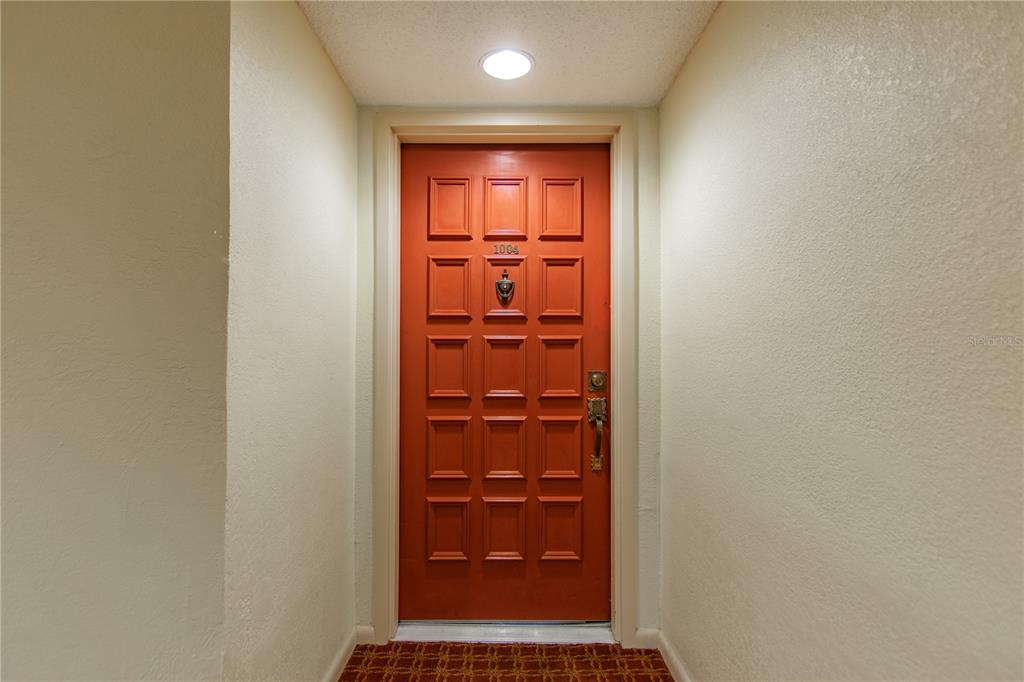 A red paneled front door with a brass knocker is centered in a small hallway — 6322 PALMA DEL MAR BOULEVARD S UNIT 1004, ST PETERSBURG, FL