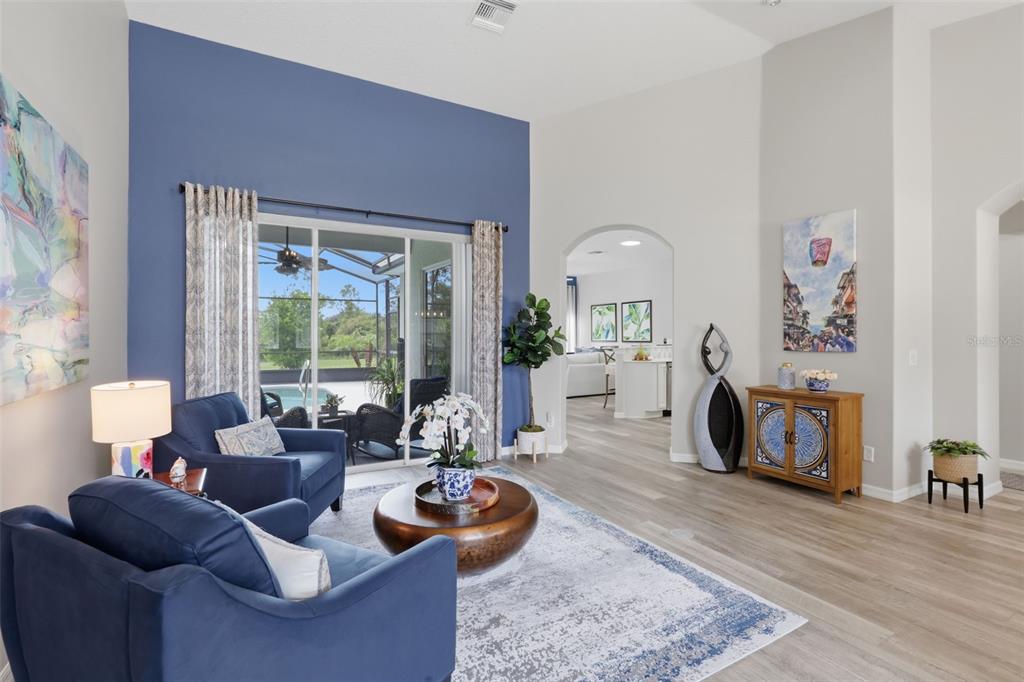 A living room features blue accent walls, two blue armchairs, and a sliding glass door — 5519 AURORA DRIVE, LEESBURG, FL